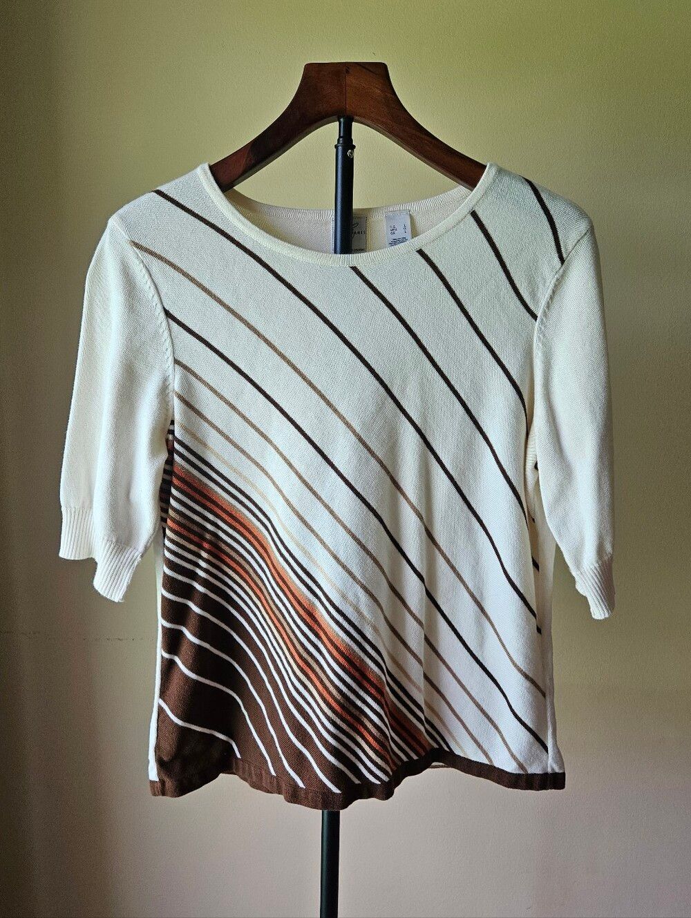 Emma James By Liz Claiborne Cream Knit Top with Brown Stripe Detail Size Large